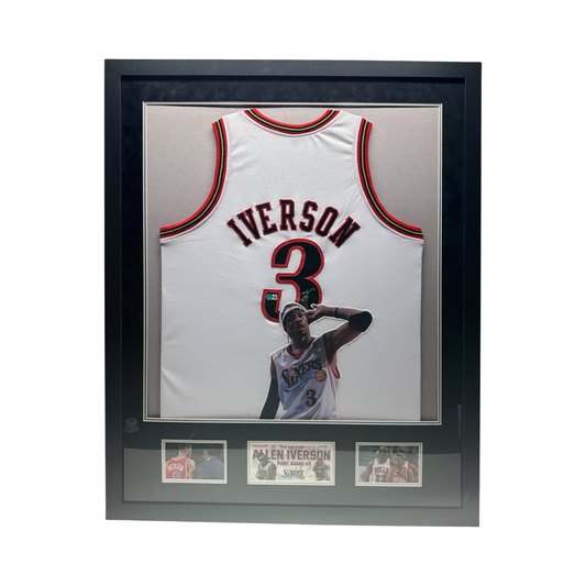 Allen Iverson Autographed Philadelphia 76’ers White Art Jersey Beckett - Black Suede Elite Framed