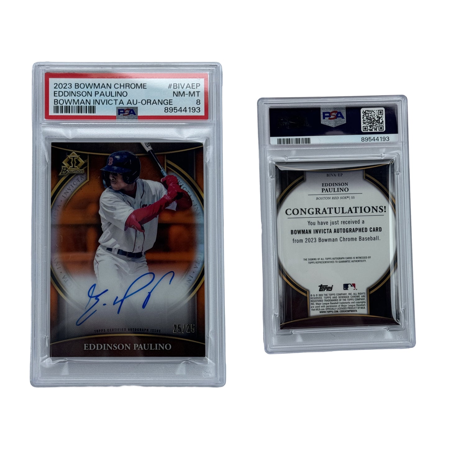 2023 Eddinson Paulino Autographed Bowman Chrome Invicta AU Orange /25 #BIVAEP PSA NM-MT 8