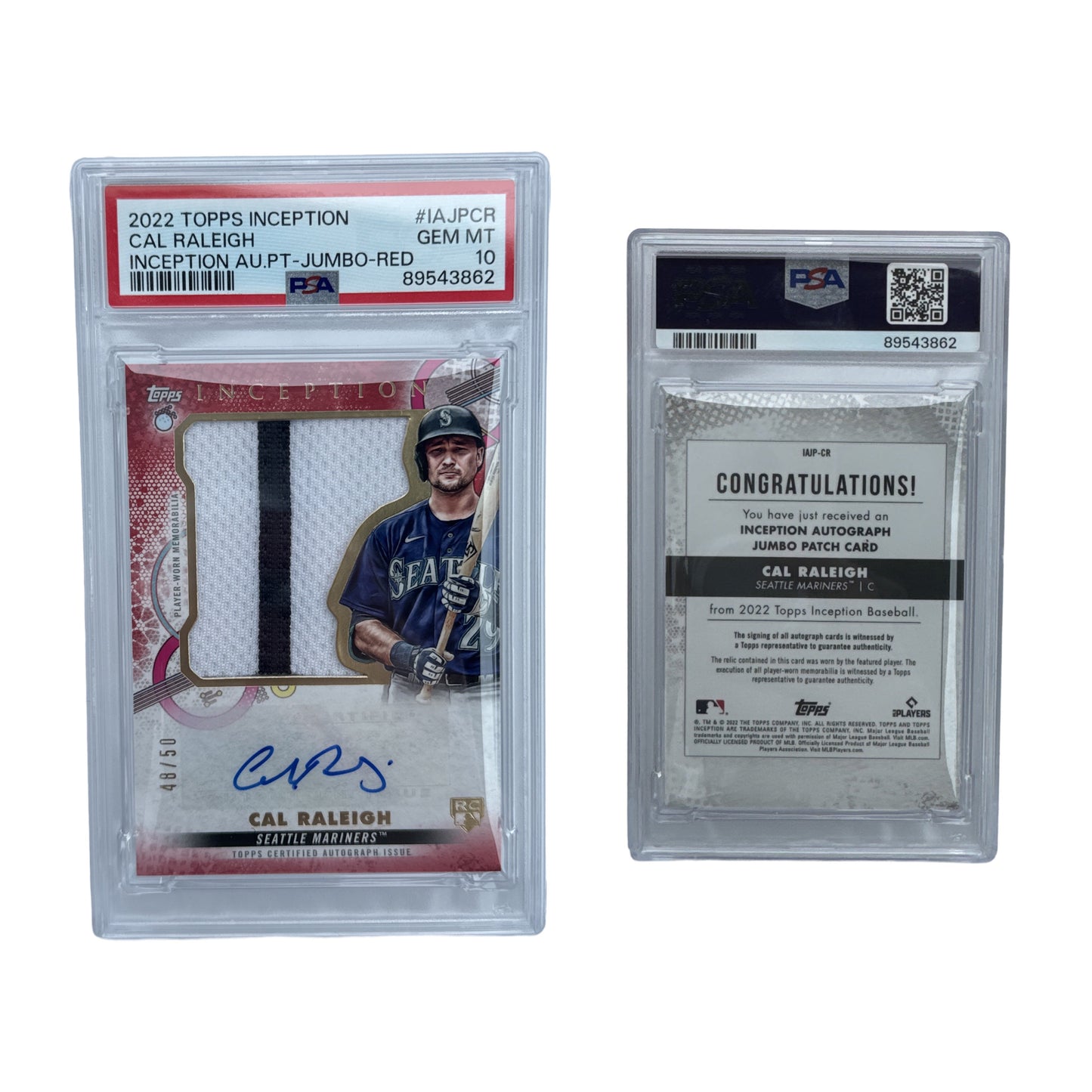 2022 Cal Raleigh Autographed Topps Inception AU PT Jumbo Red /50 #IAJPCR PSA GEM MT 10