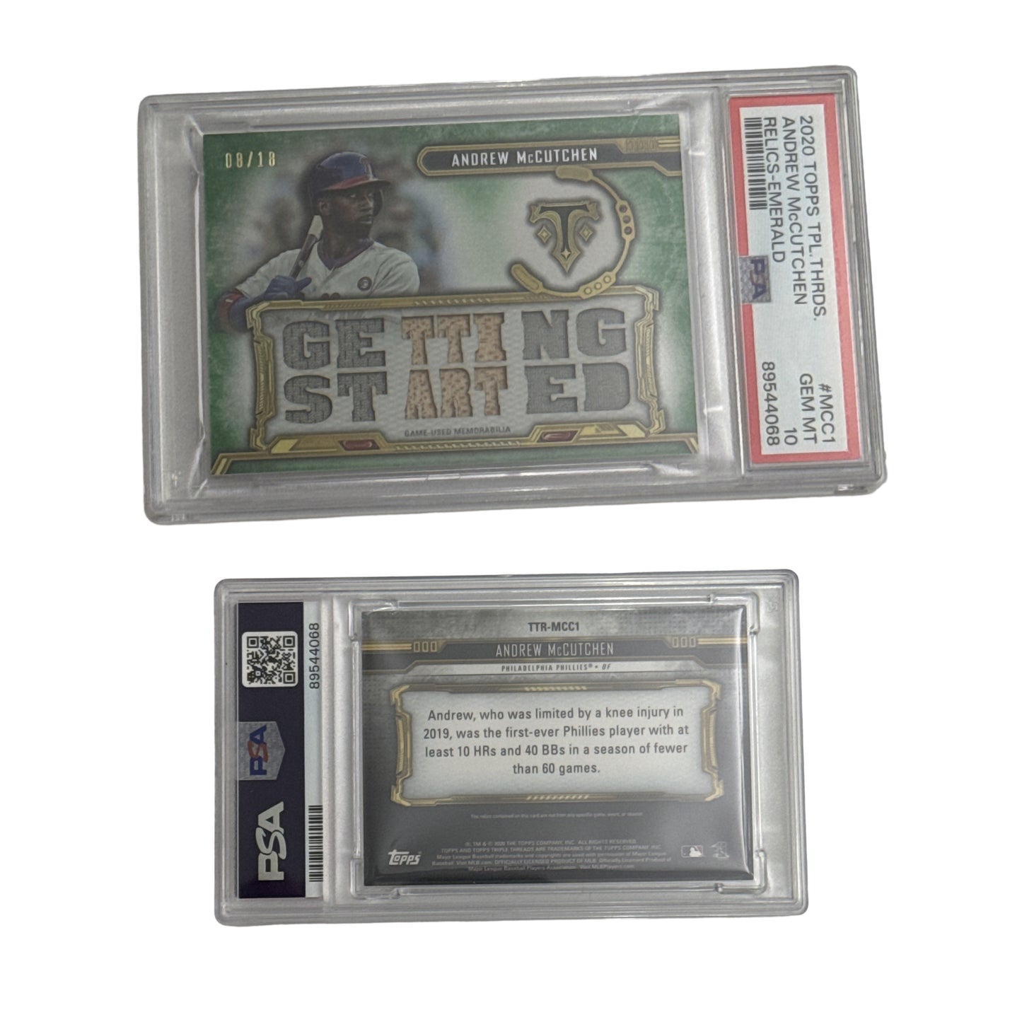 2020 Andrew McCutchen Topps Triple Threads Relics Emerald /18 #MCC1 PSA GEM MT 10