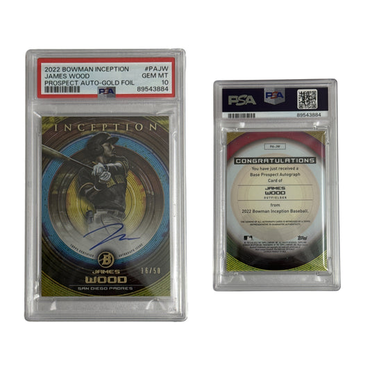 2022 James Wood Bowman Inception Prospect Autographed Gold Foil /50 #PAJW PSA GEM MT 10