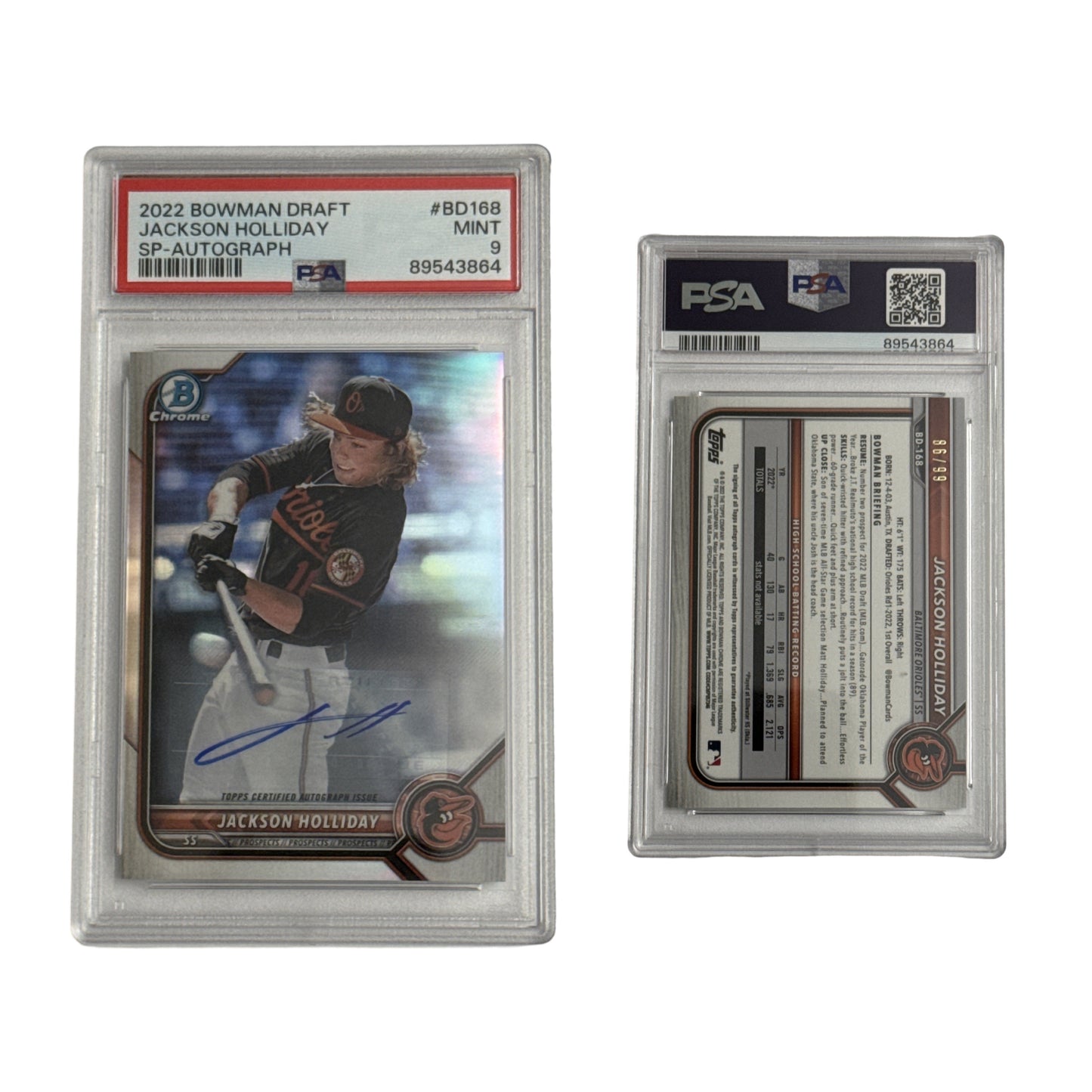 2022 Jackson Holliday Bowman Chrome Draft SP Autograph /99 #BD168 PSA MINT 9