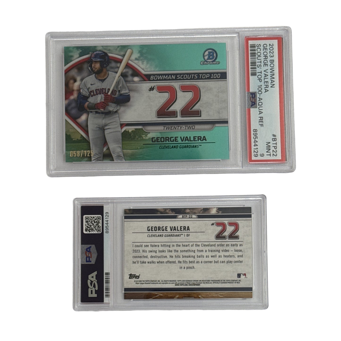 2023 George Valera Bowman Scouts Top 100 Aqua Refractor /125 #BTP22 PSA MINT 9