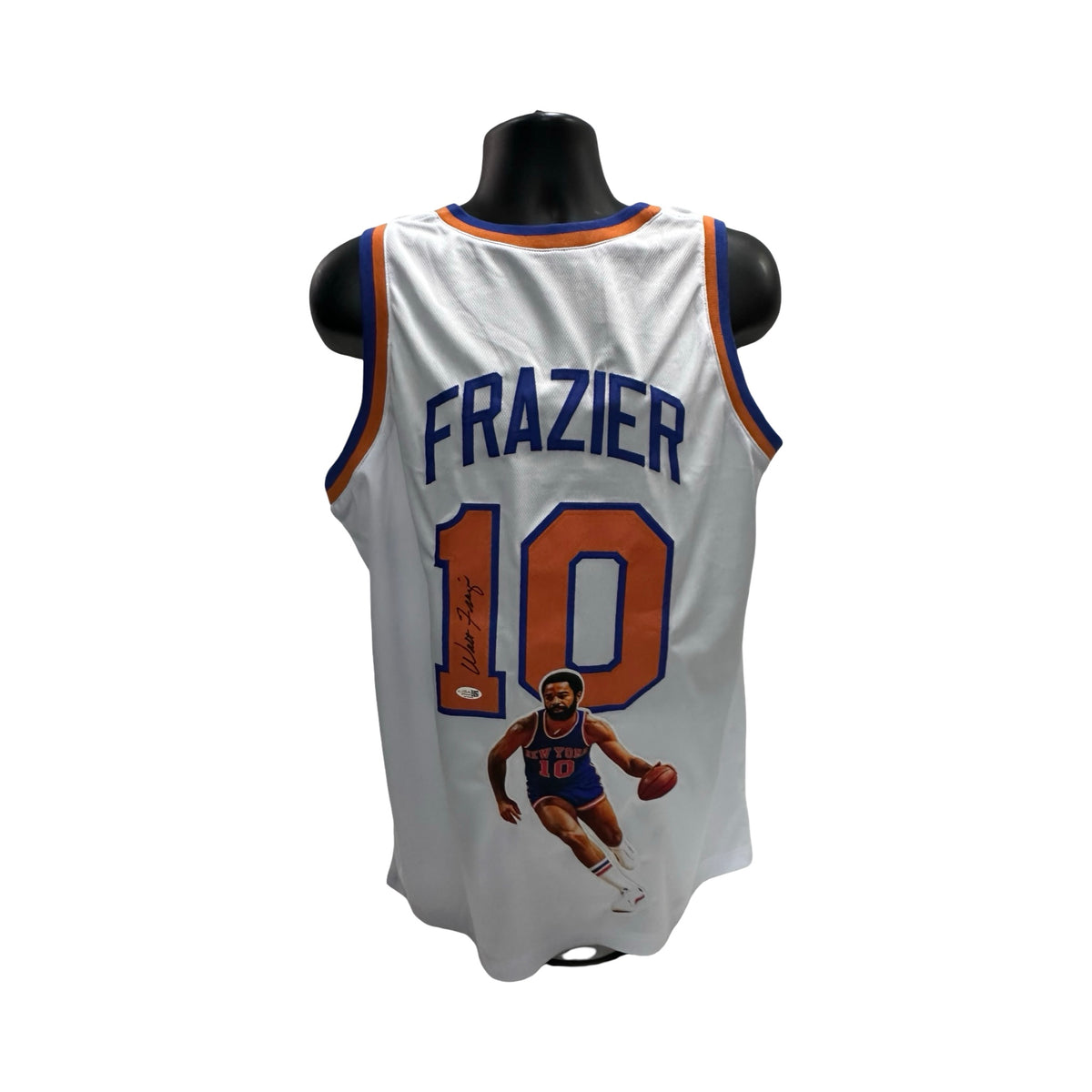 Walt Clyde Frazier Autographed New York Knicks White Art Jersey JSA COA