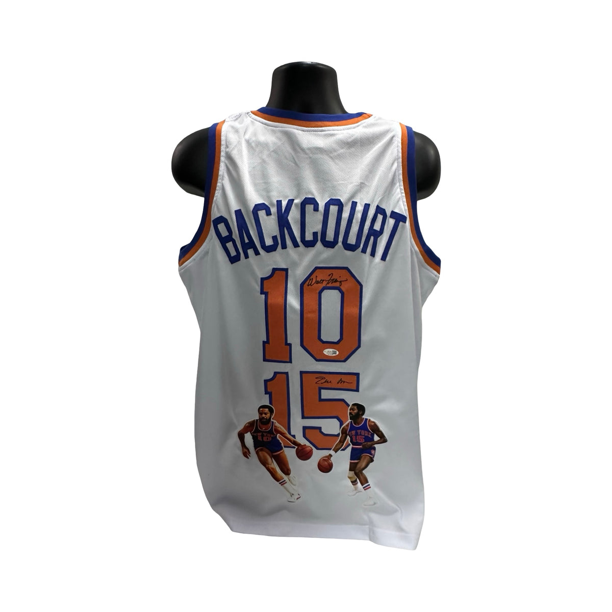 Walt Clyde Frazier & earl Monroe Autographed New York Knicks White Art Jersey JSA COA