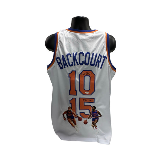 Walt Clyde Frazier & earl Monroe Autographed New York Knicks White Art Jersey JSA COA