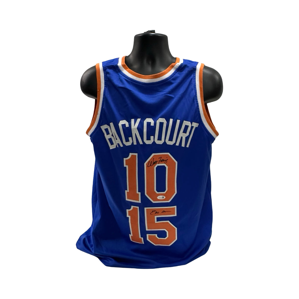 Walt Clyde Frazier & earl Monroe Autographed New York Knicks Blue Jersey JSA COA