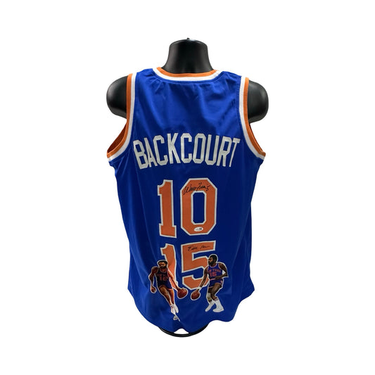 Walt Clyde Frazier & earl Monroe Autographed New York Knicks Blue Art Jersey JSA COA