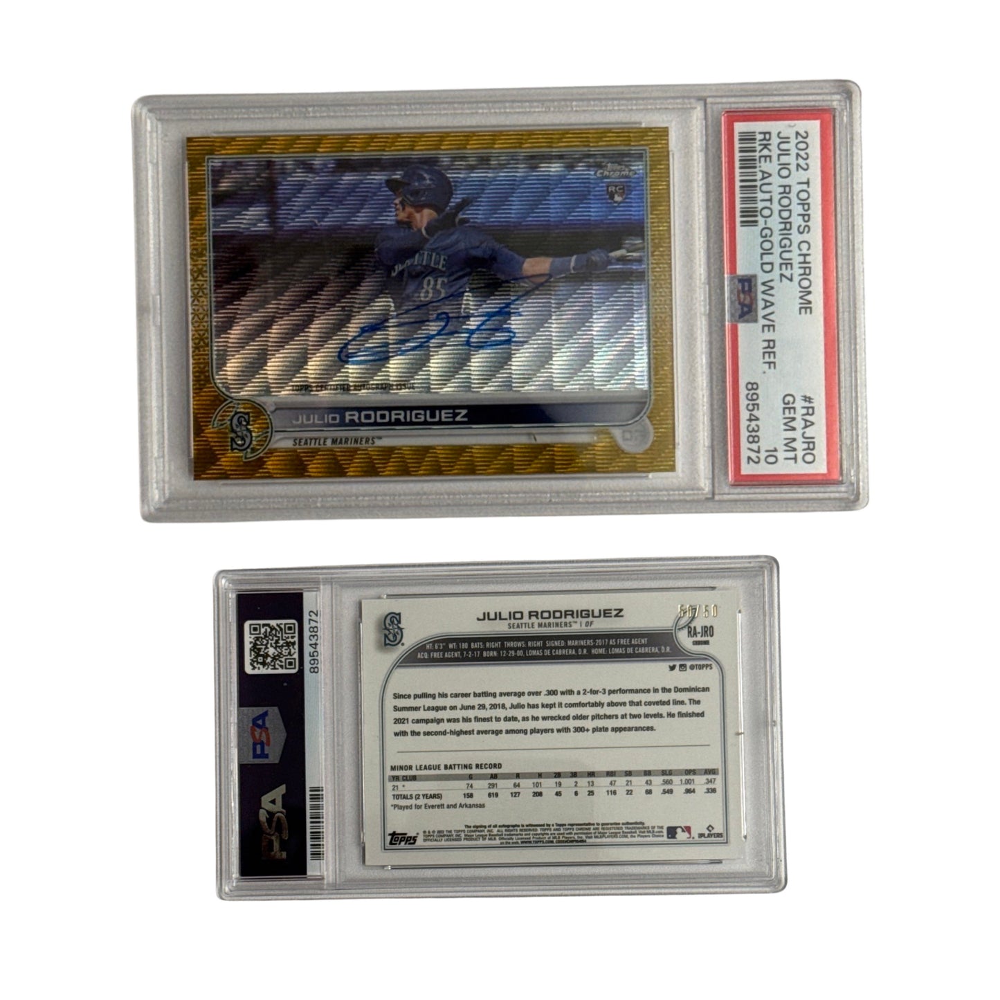 2022 Julio Rodriguez Topps Chrome Rookie Autograph Gold Wave Refractor /50 #RAJROPSA GEM MT 10