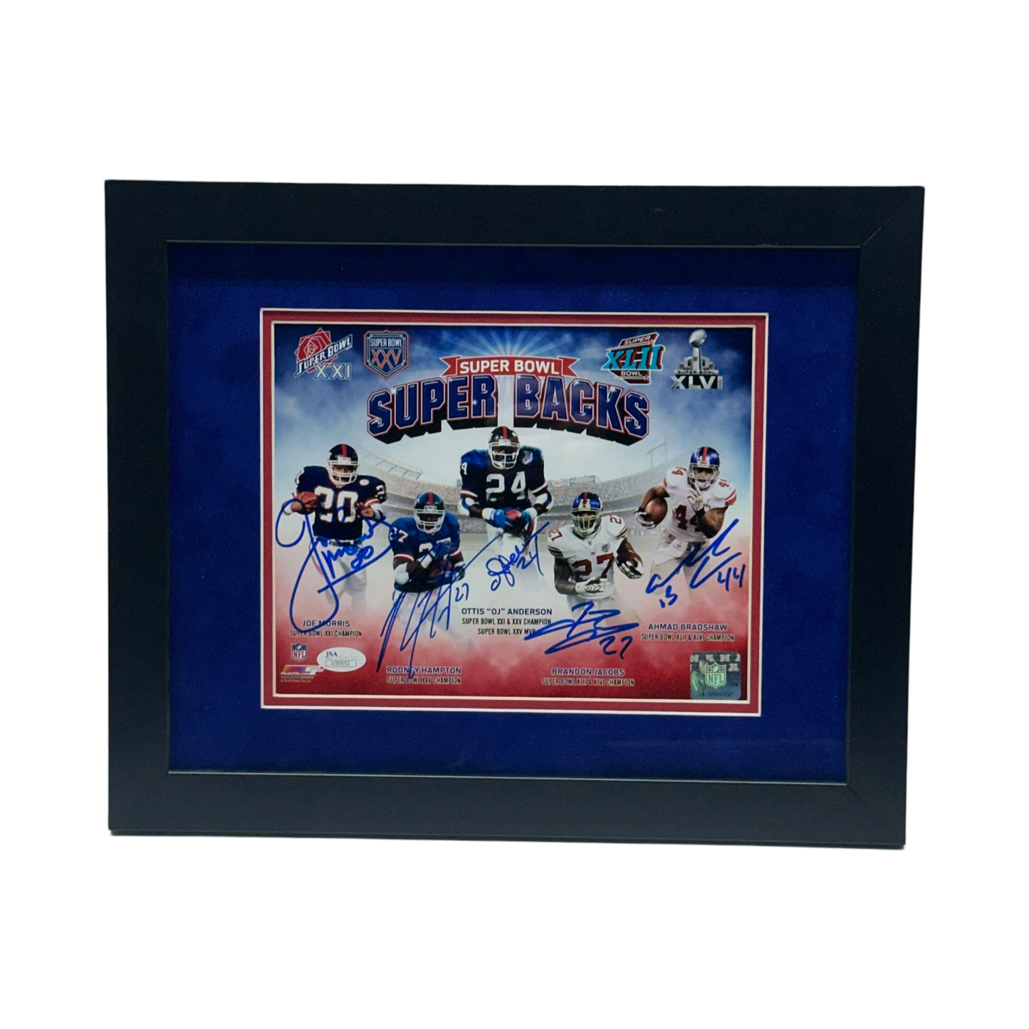 Brandon Jacobs, Ahmad Bradshaw, OJ Anderson, Joe Morris & Rodney Hampton Autographed New York Giants Superbacks 8x10 JSA - Framed
