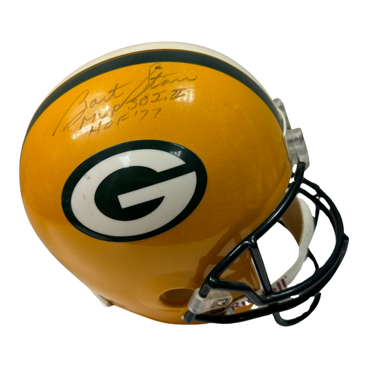 Bart Starr Autographed Green Bay Packers Replica Helmet MVP SB I, II, HOF 77 Inscriptions JSA