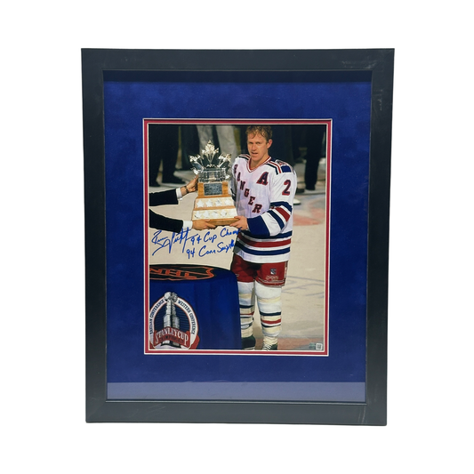 Brian Leetch Autographed New York Rangers Calder Trophy 11x14 94 Conn Smythe, 94 Stanley Cup Inscriptions Steiner CX - Framed