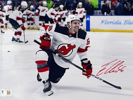 Erik Haula Autographed New Jersey Devils Knee Slide on Ice 8x10 Beckett