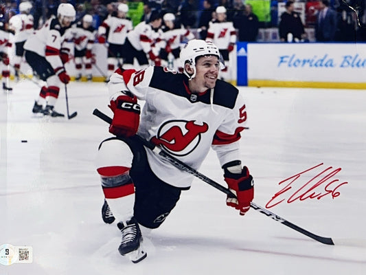 Erik Haula Autographed New Jersey Devils Knee Slide on Ice 8x10 Beckett