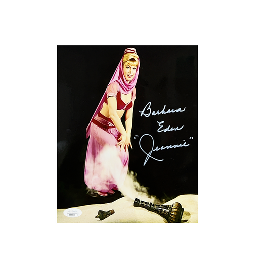Barbara Eden Autographed I Dream Of Jeannie Pink Dress 8x10 "Jeannie" Inscription JSA