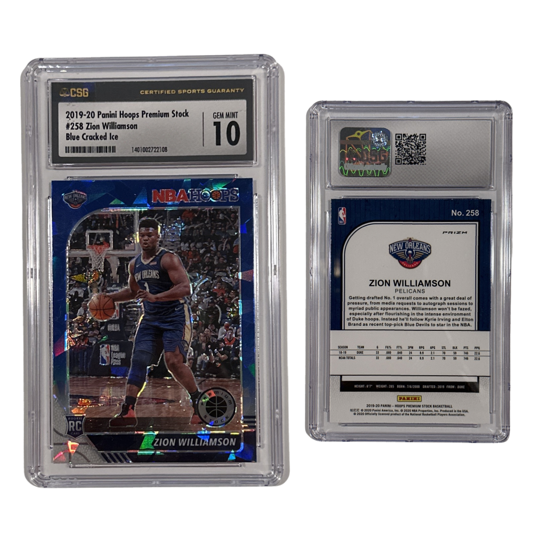 2019-20 Zion Williamson Panini Hoops Premium Stock Blue Crooked Ice #258 CSG 10 GEM MINT
