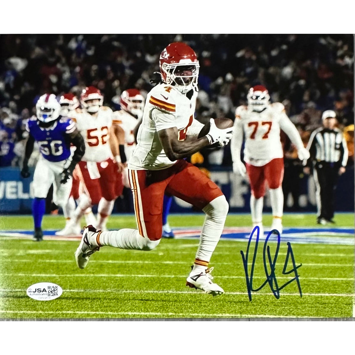 Rashee Rice Autographed Kansas City Chiefs White Jersey Running 8x10 Photo JSA COA