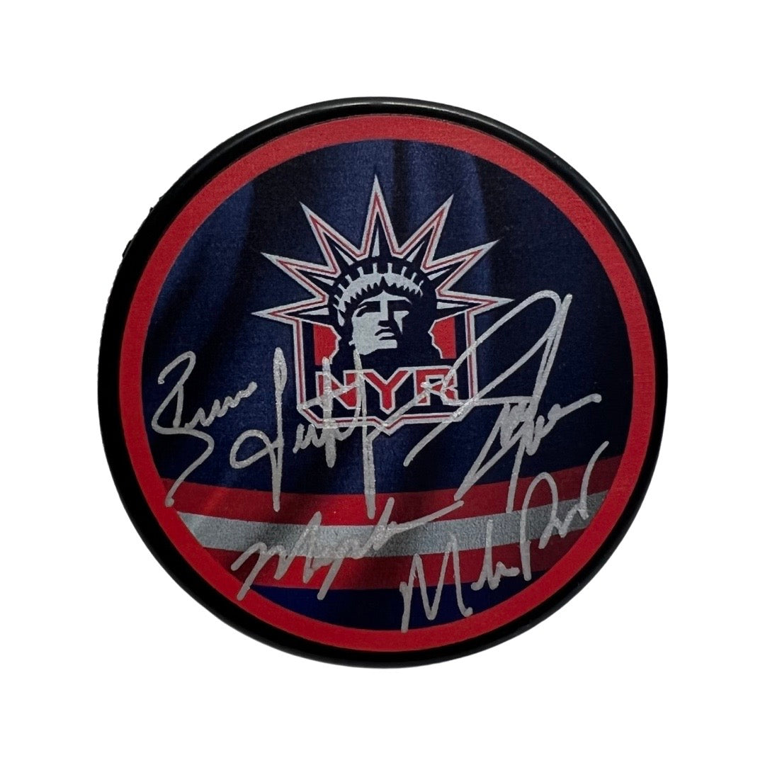 Mark Messier, Mike Richter, Brian Leetch & Adam Graves Autographed New York Rangers “Core 94” Liberty Logo Puck Steiner CX