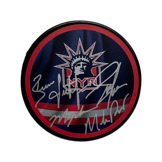 Mark Messier, Mike Richter, Brian Leetch & Adam Graves Autographed New York Rangers “Core 94” Liberty Logo Puck Steiner CX