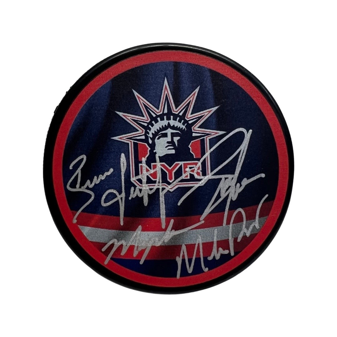 Mark Messier, Mike Richter, Brian Leetch & Adam Graves Autographed New York Rangers Core 94 Liberty Logo Puck Steiner CX