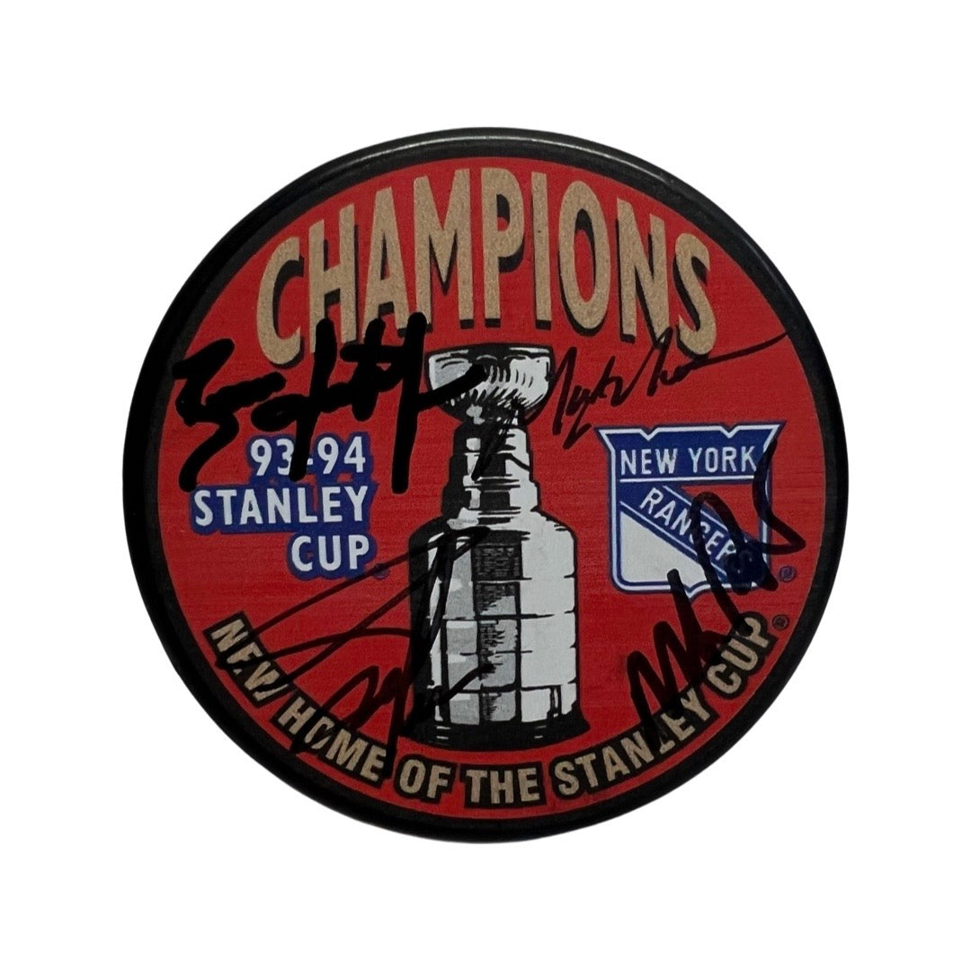 Mark Messier, Mike Richter, Brian Leetch & Adam Graves Autographed New York Rangers “Core 94” Stanley Cup Champions Puck Steiner CX