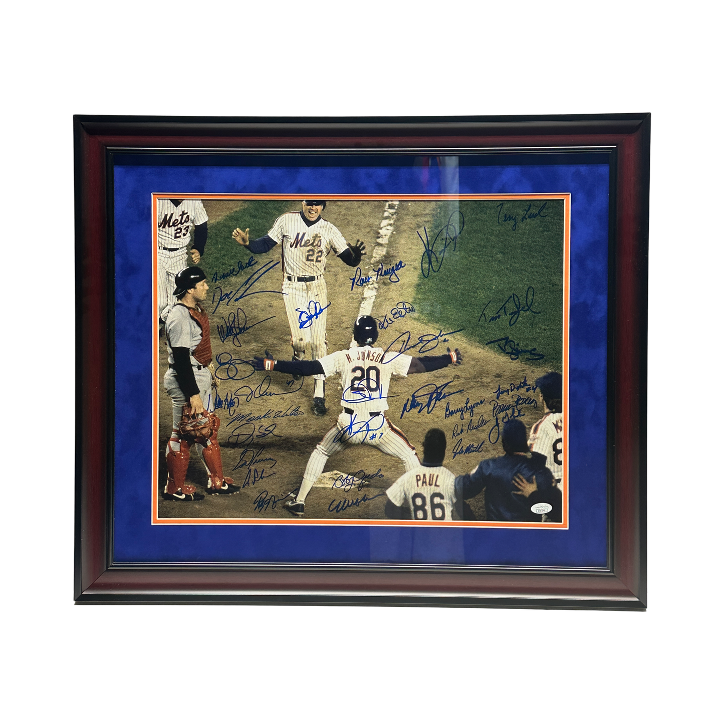 1986 Mets Team Autographed New York Ray Knight Running To Hojo 16x20 JSA - Framed