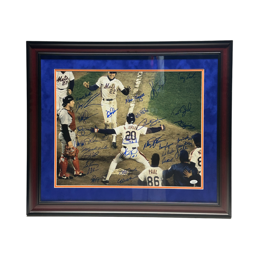 1986 Mets Team Autographed New York Ray Knight Running To Hojo 16x20 JSA - Framed