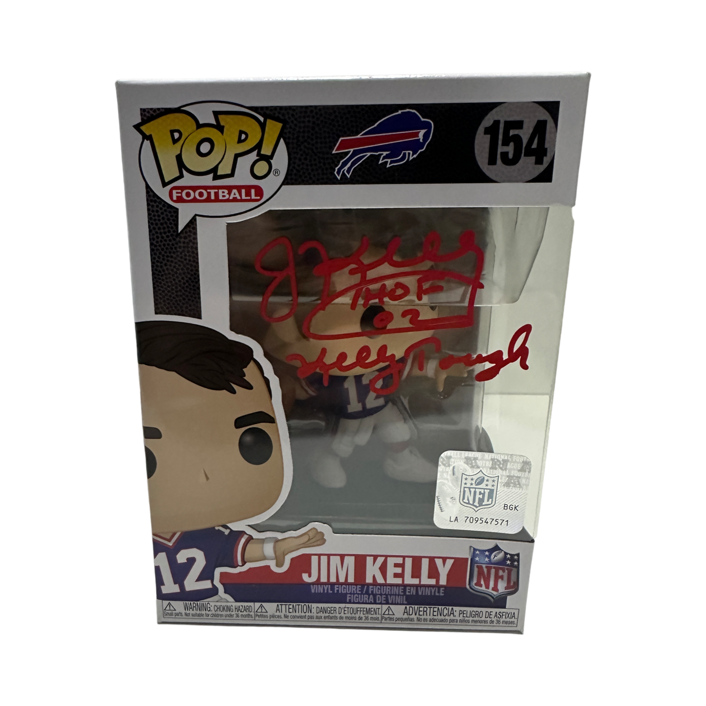 Jim Kelly Autographed Buffalo Bills "HOF 02, Kelly Tough" Inscribed Funko Pop JSA