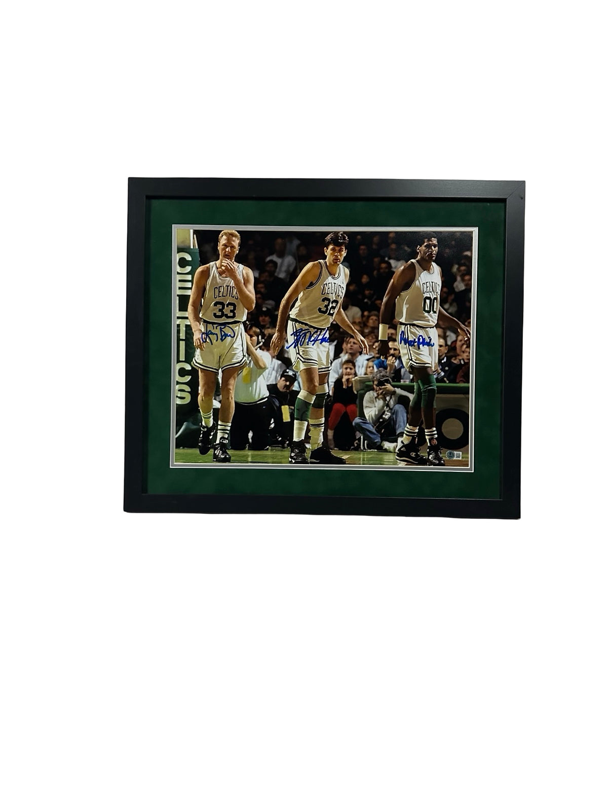 Larry Bird Robert Parish Kevin McHale Autographed Boston Celtics Big 3 Parish in Middle 16x20 Larry Bird Beckett BAS - Framed
