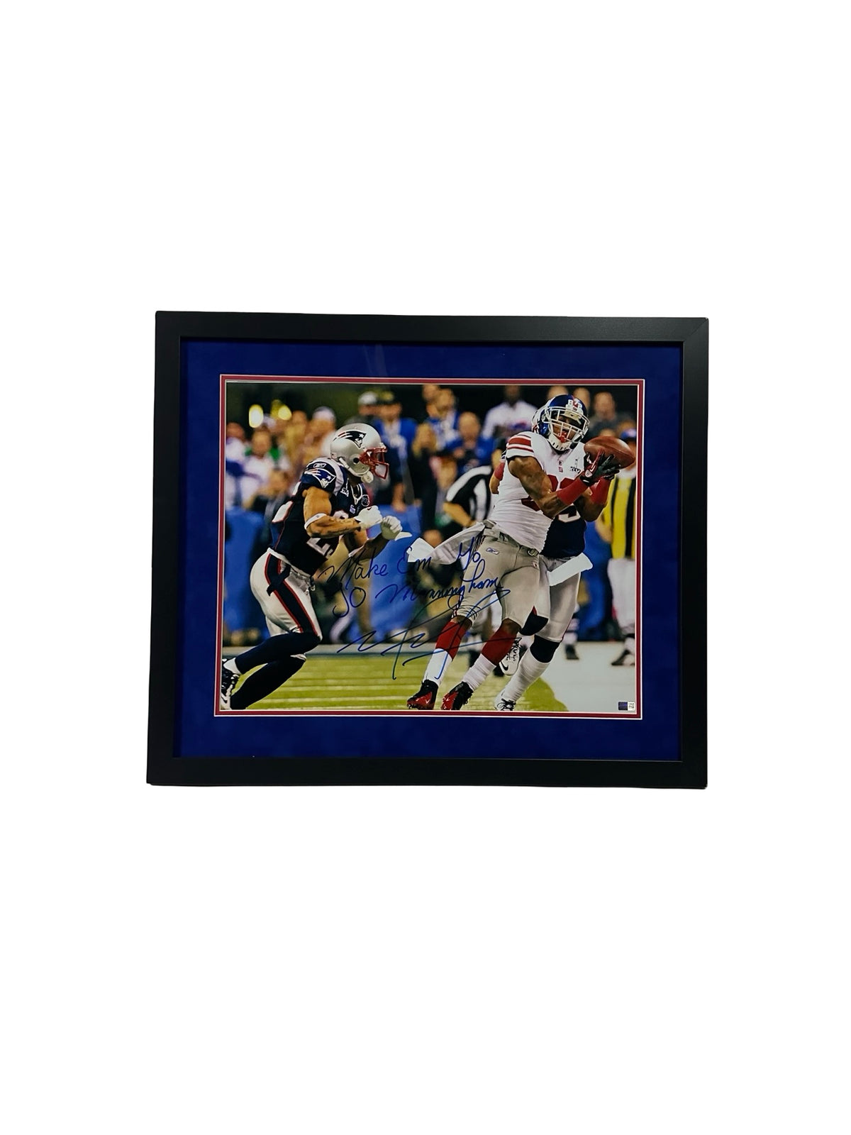 Mario Manningham Autographed New York Giants 16x20 "Make Em Go to Manningham" Inscription Steiner CX - Framed