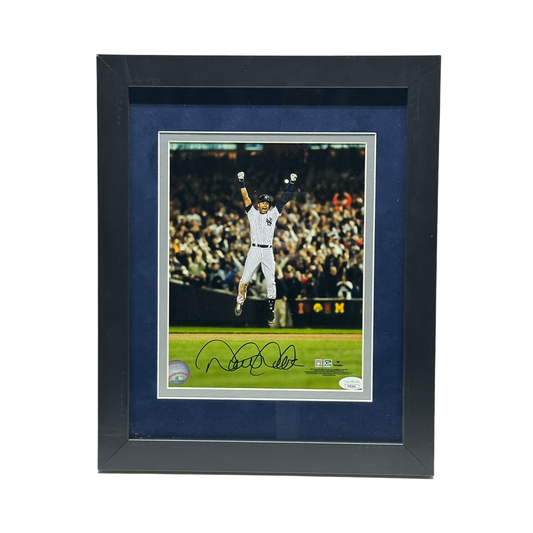 Derek Jeter Autographed New York Yankees Jump Arms Up 8x10 JSA - Framed