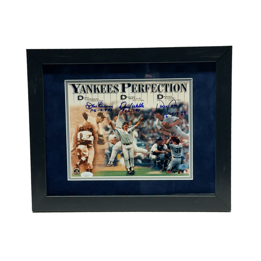 Don Larsen, David Wells & David Cone Autographed New York Yankees Inscribed Perfection 8x10 JSA - Framed
