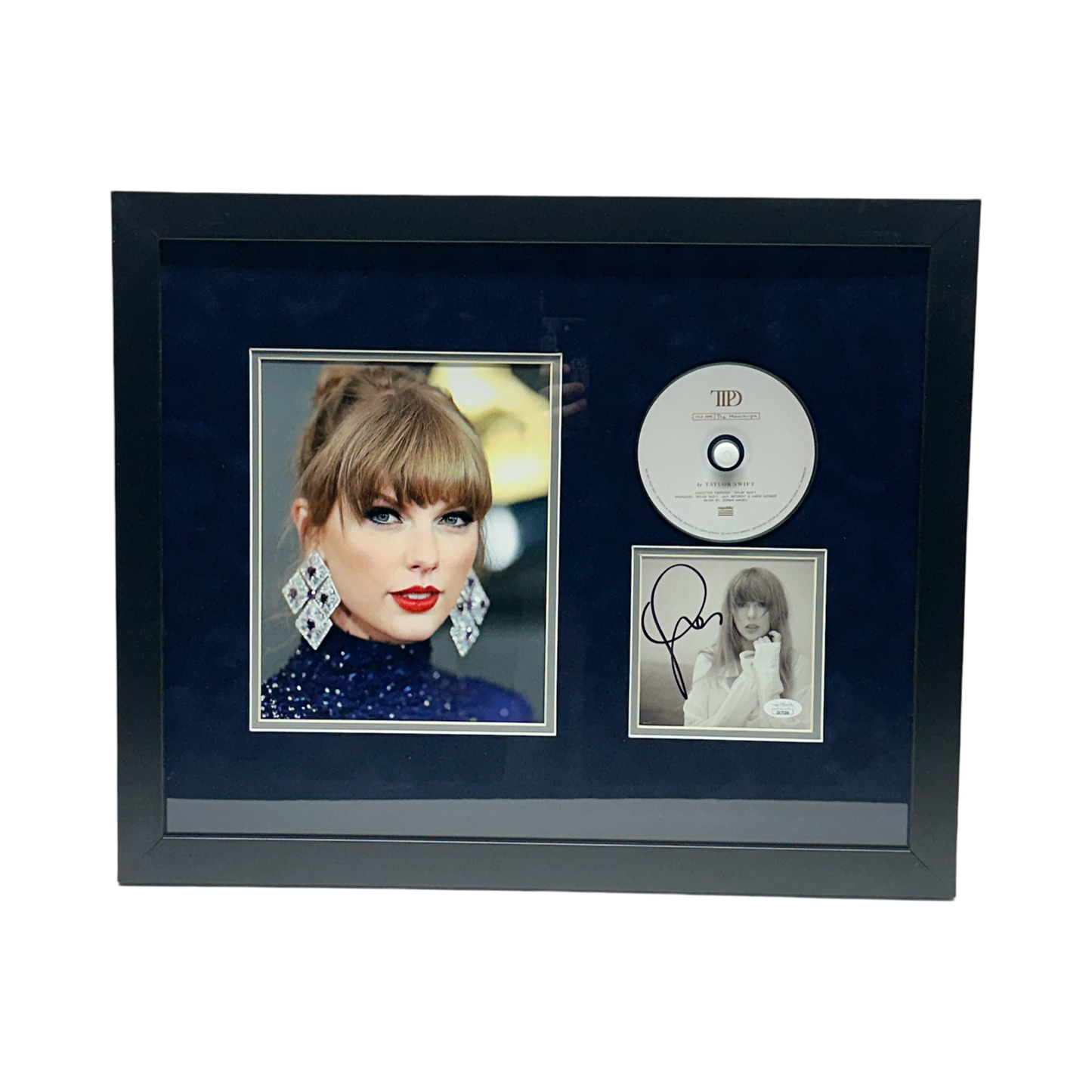 Taylor Swift Autographed Cut & Framed CD 11x14 Frame Headshot Big Earrings Navy Dark Matte Horizontal JSA