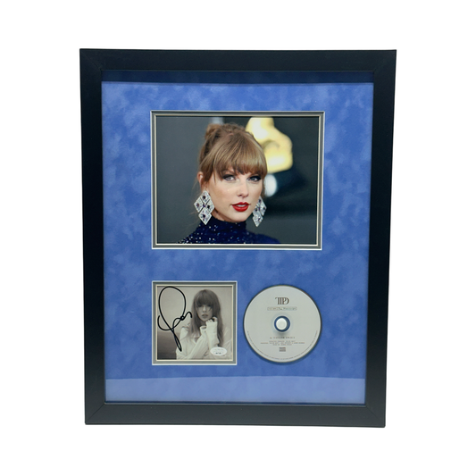 Taylor Swift Autographed Cut & Framed CD 11x14 Frame Headshot Big Earrings Light Baby Blue Matte Vertical JSA