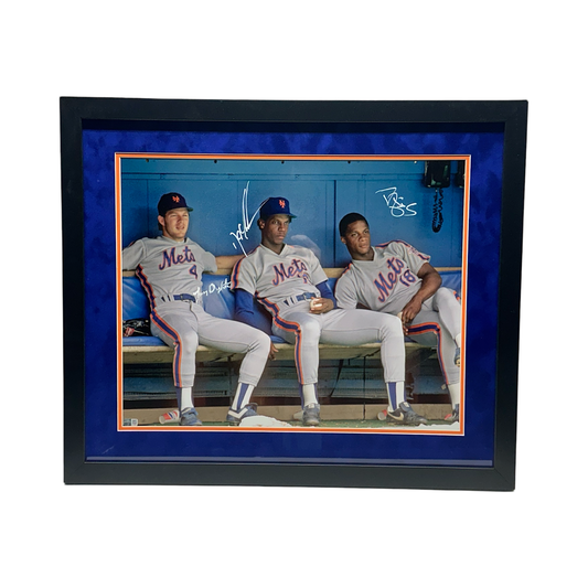 Darryl Strawberry, Doc Gooden & Lenny Dykstra Autographed New York Mets Bad Boys Sitting in Dugout 16x20 Steiner CX - Framed