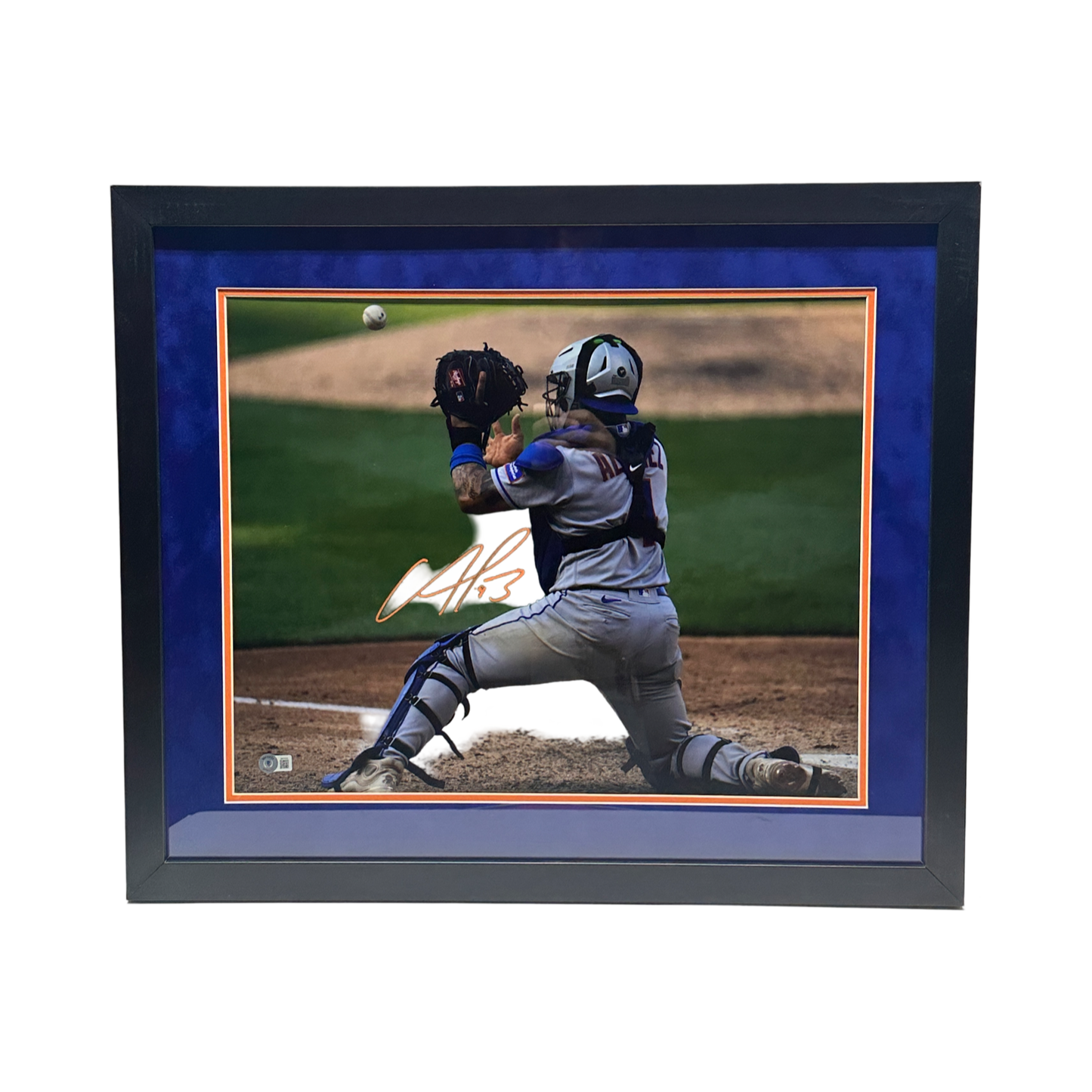 Fransisco Alvarez Autographed New York Mets Catching Horizontal 16x20 Beckett - Framed