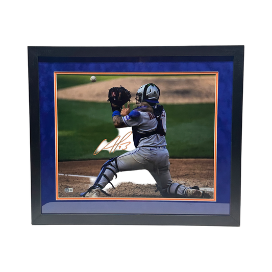 Fransisco Alvarez Autographed New York Mets Catching Horizontal 16x20 Beckett - Framed