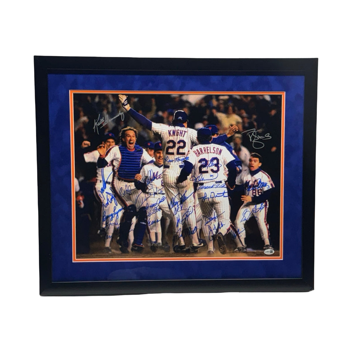 1986 New York Mets Team Framed Autographed Ray Knight Jump Blue Ink 16x20 Horizontal JSA
