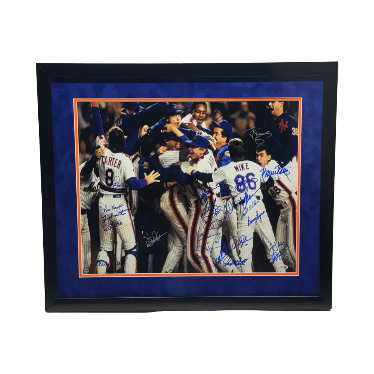 1986 New York Mets Team Framed Autographed Team Hug Celebration Blue Ink 16x20 Horizontal JSA