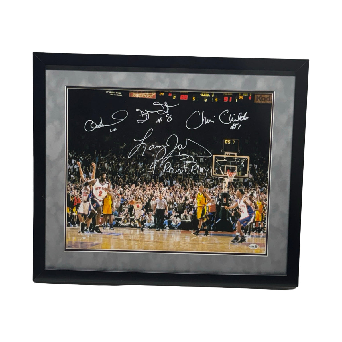 Framed Johnson Childs Sprewell Houston Autographed New York Knicks Inscribed 4 Point Play Grey Backer 16x20 JSA COA