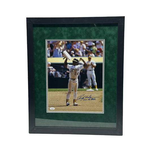 Rickey Henderson Autographed Oakland Athletics 11x14 "Man Of Steal" Inscription JSA - Framed