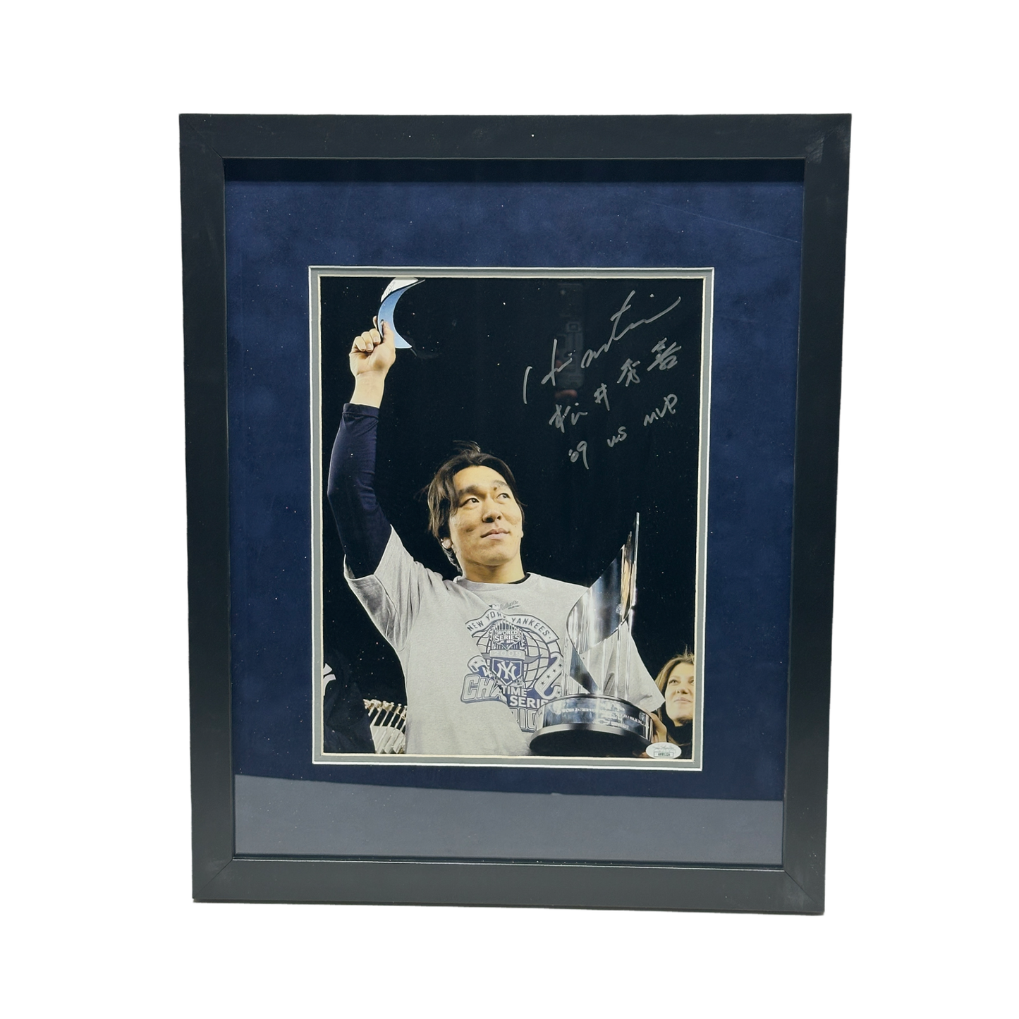 Hideki Matsui Autographed New York Yankees Cap Tip 11x14 "09 WS MVP & Japanese Name" Inscription JSA - Framed