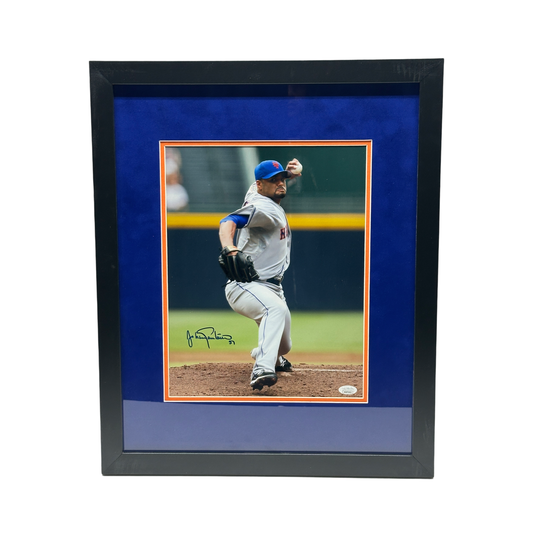 Johan Santana Autographed New York Mets Stride Front View 11x14 JSA - Framed