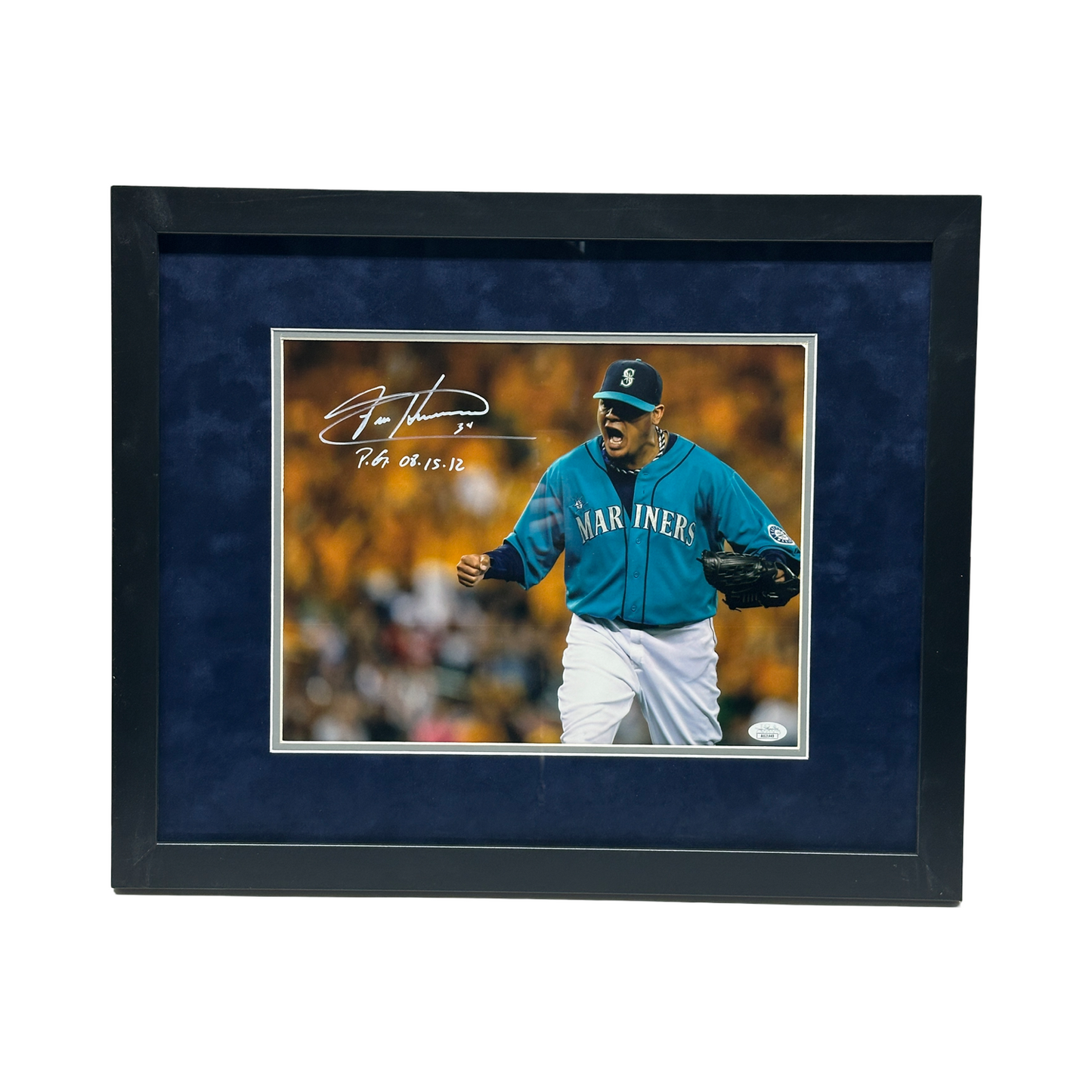 Felix Hernandez Autographed Seattle Mariners Horizontal Teal Jersey 11x14 "P.G. 08.15.12" JSA - Framed