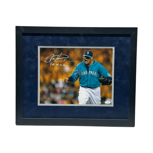 Felix Hernandez Autographed Seattle Mariners Horizontal Teal Jersey 11x14 "P.G. 08.15.12" JSA - Framed