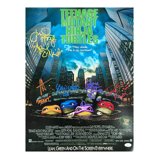 Corey Feldman, Robbie Rist, Brian Tochi, John Pais & Judith Hogg Autographed Teenage Mutant Ninja Turtles TMNT Movie Poster 16x20 April O’Neil, Mikey, Leo, Donnie, Ralph Inscriptions JSA