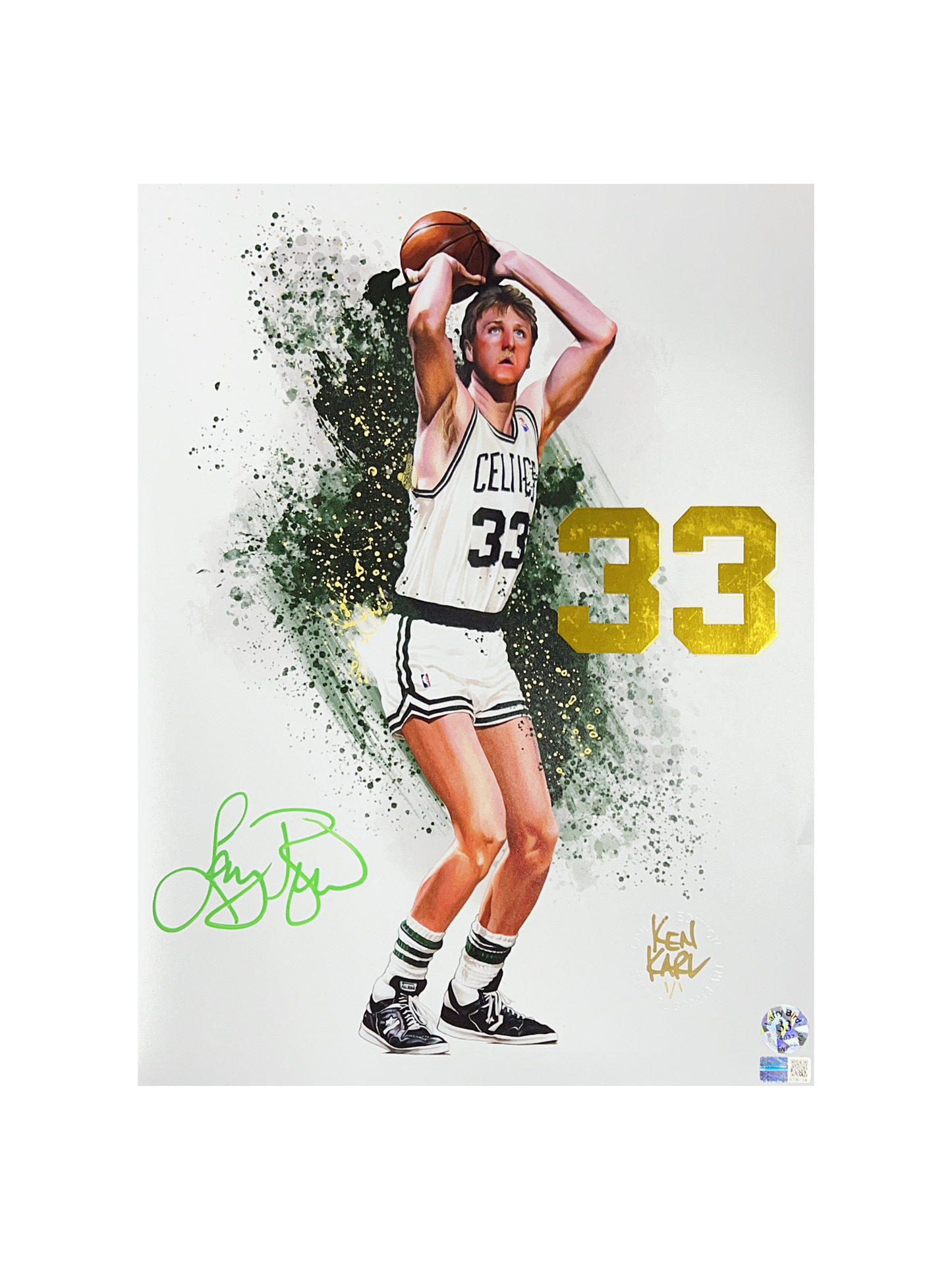 Larry Bird Autographed Boston Celtics 11x14 Gold Variant Ken Karl LE 1/1 Steiner CX