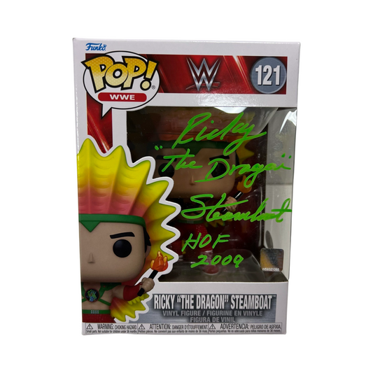 Ricky Steamboat Autographed Funko Pop The Dragon, WWE HOF 2009 Inscriptions Green Ink JSA