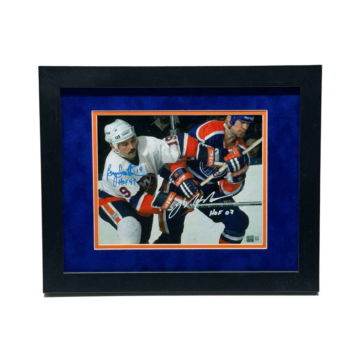 Mark Messier & Brian Trottier Autographed New York Islanders/ Oilers HOF 97, HOF 07 Inscribed Tangled 11x14 Steiner CX - Framed