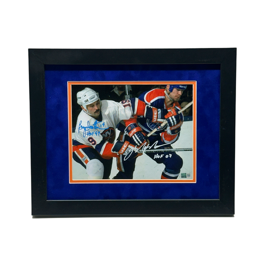 Mark Messier & Brian Trottier Autographed New York Islanders/ Oilers “HOF 97, HOF 07” Inscribed Tangled 11x14 Steiner CX - Framed